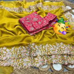 Party-wear Soft Tubby Organza Multi Thread Embroidery Work Saree