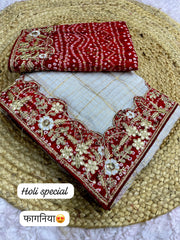 Beautiful Soft Kota Doriya Bandhej White Saree