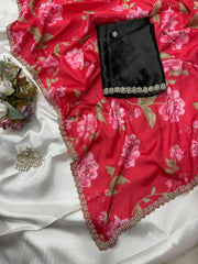 Beautiful Smooth Chinnon Embroidery Printed Work Saree