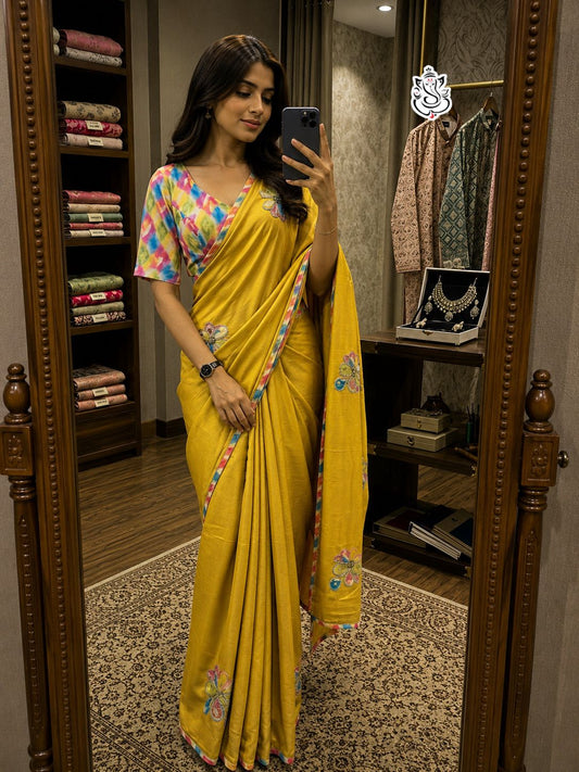 Beautiful Chinon Silk Embroidery & Handwork Saree With Stitched Blouse