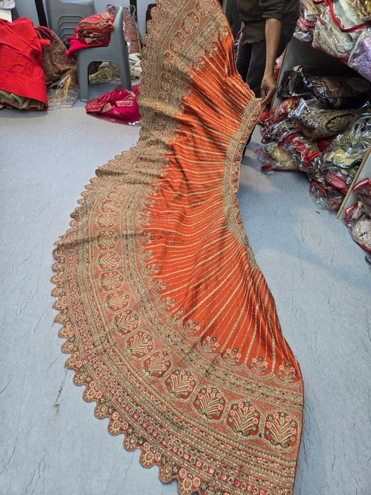 Rust Orange Trending Premium Silk With Zarkan Diamond & Embroidery Work Bridal Lehenga