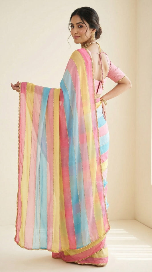 Party-wear Soft Tabby Organza With Multi Print With Beads & Katdana Handwork Saree
