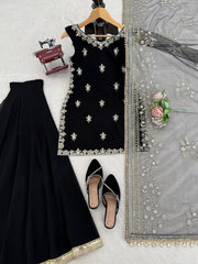 Festive Ready Black Palazzo Set With Fancy Lace & Embroidery Work