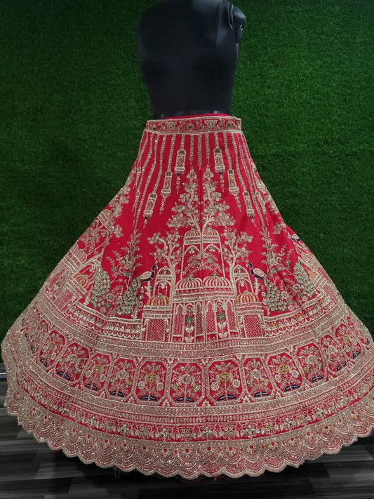 Trending Premium Silk With Zarkan Diamond & Embroidery Work Red Bridal Lehenga