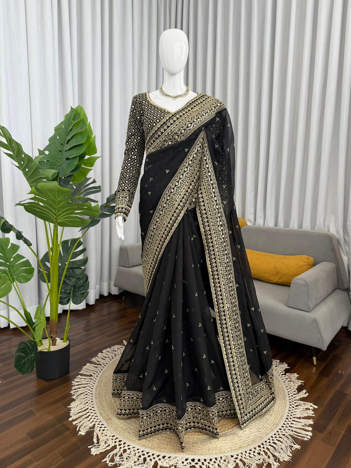 Beautiful Black Tibby Silk Sequence With Thread Work Saree