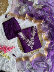 Beautiful Purple Roman Silk Embroidery With Sequence Work Dress