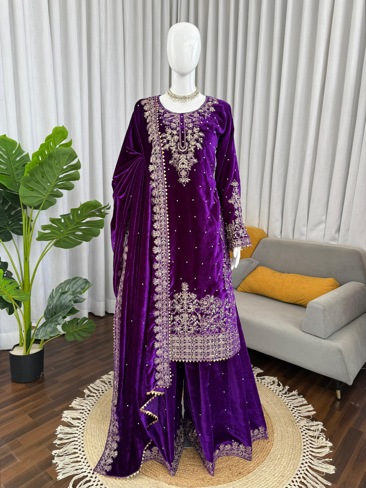 Party-wear Viscose Velvet Coding With Sequence With Rivet Moti Suit