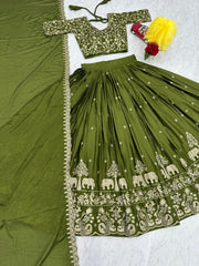 Festive Special Green Chinon Silk Embroidery Thread Work Lehenga Choli