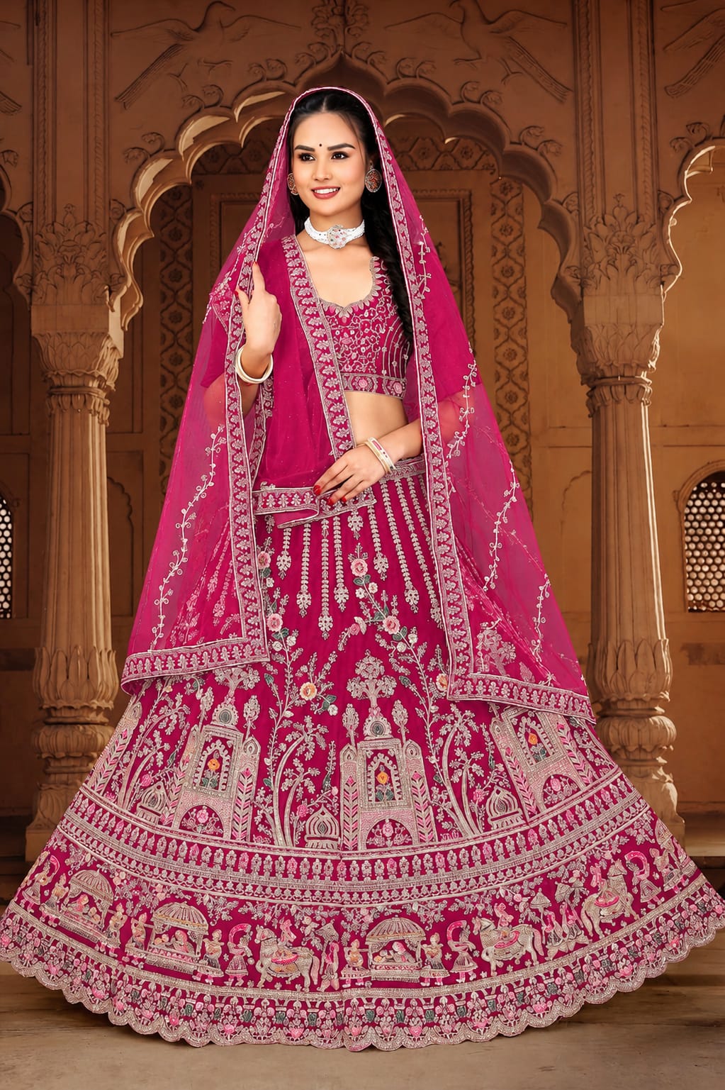 Pink Trending Heavy Velvet With Zarkan Diamond & Embroidery Work Bridal Lehenga