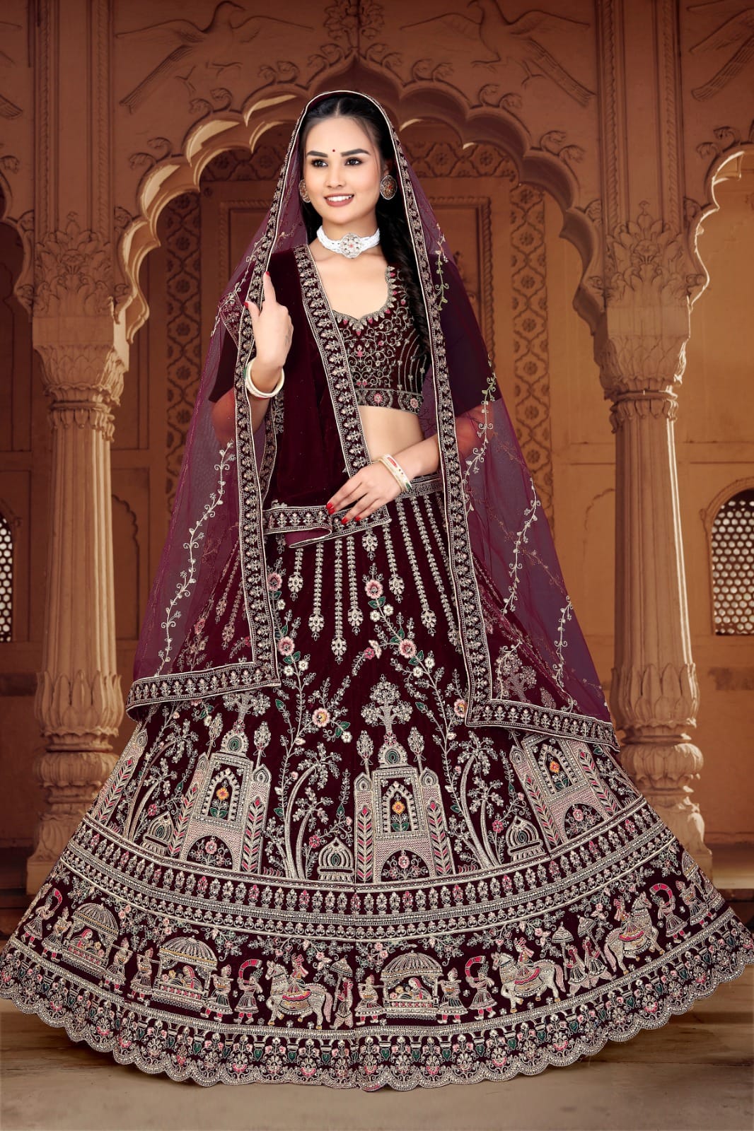 Coffee Colour Trending Heavy Velvet With Zarkan Diamond & Embroidery Work Bridal Lehenga