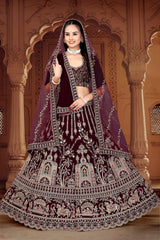 Coffee Colour Trending Heavy Velvet With Zarkan Diamond & Embroidery Work Bridal Lehenga