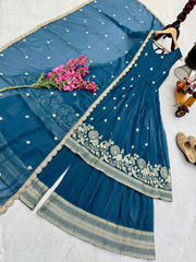 Designer Party-wear Gold Crazy Embroidery & Lace Work Suit