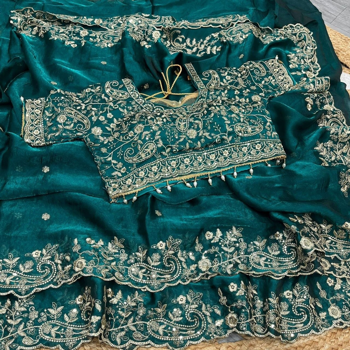 Party-wear Fendy Satin Embroidery Sequence Work Saree With Stitched Blouse