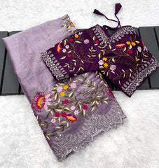 Beautiful Jimmy Choo Thread & Embroidery Work Designer Saree With Stitched Blouse