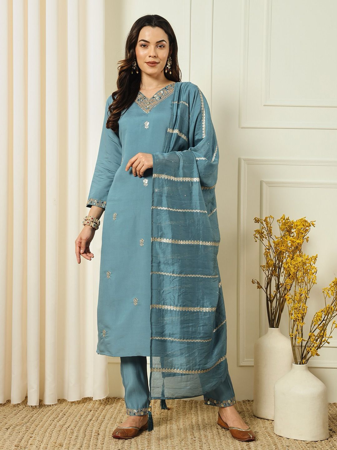 Beautiful Roman Silk With Embroidery With Sequence Work Denim Blue Dress
