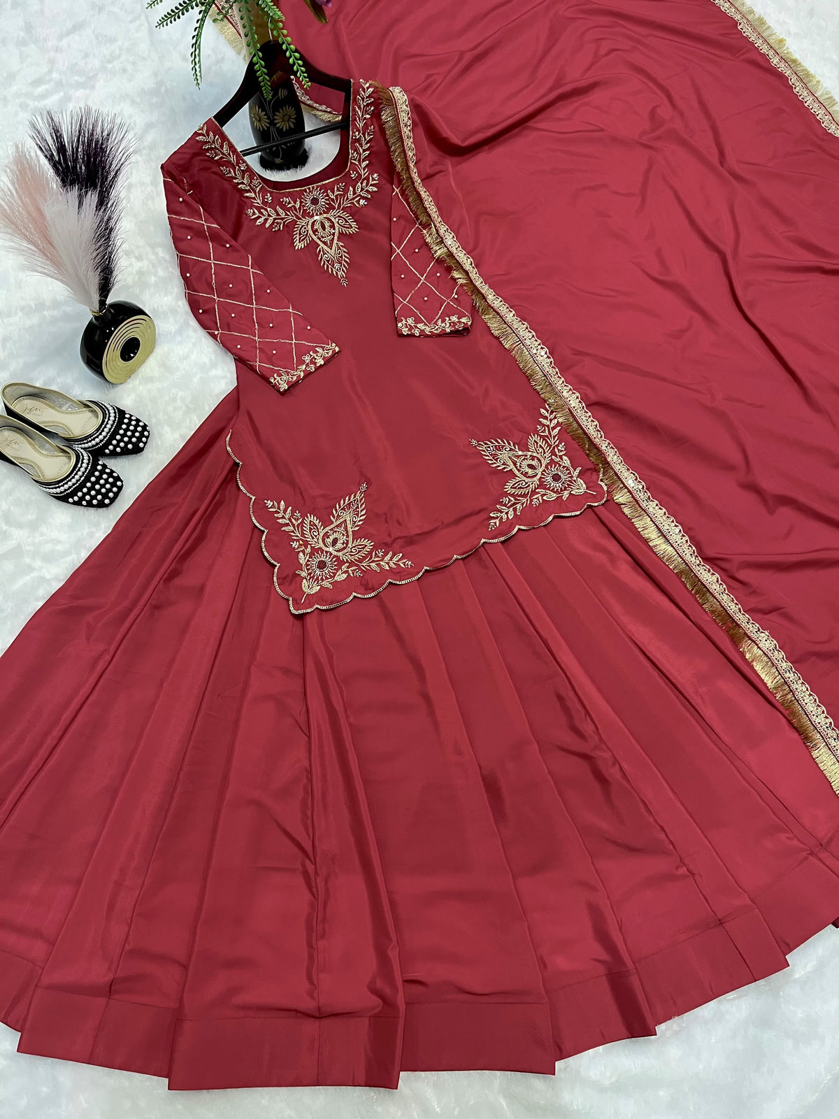 Beautiful Natural Crepe Silk Embroidery & Sequence Work Top Lehenga