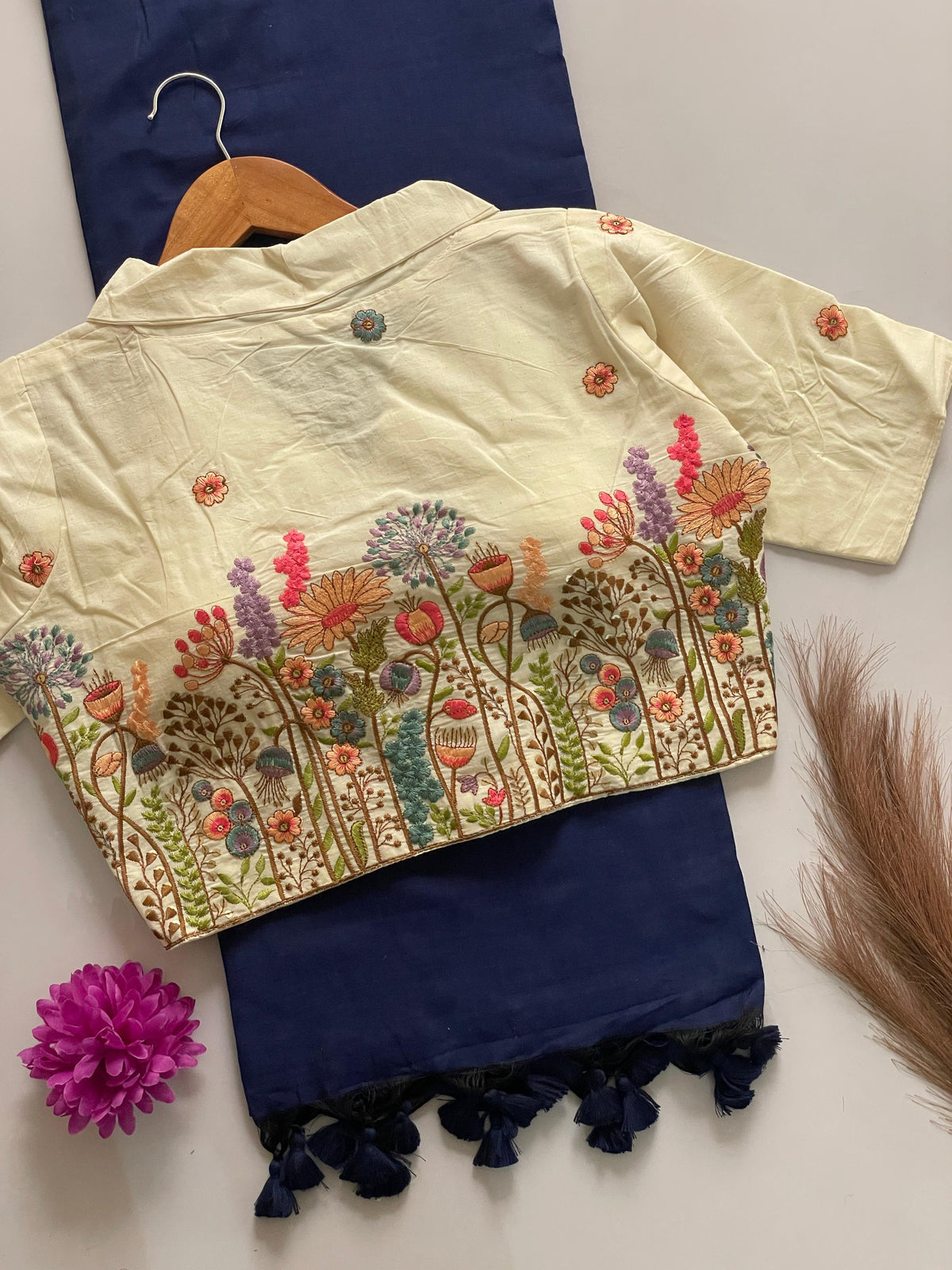 Beautiful Khadi Cotton Saree With Stitched Embroidery Work Blouse