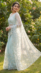 Party-wear Soft Net Real Beads With Moti Work Saree