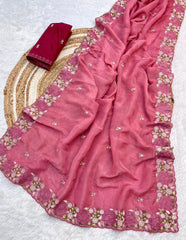 Beautiful Crunchy Chiffon Embroidery Work Saree