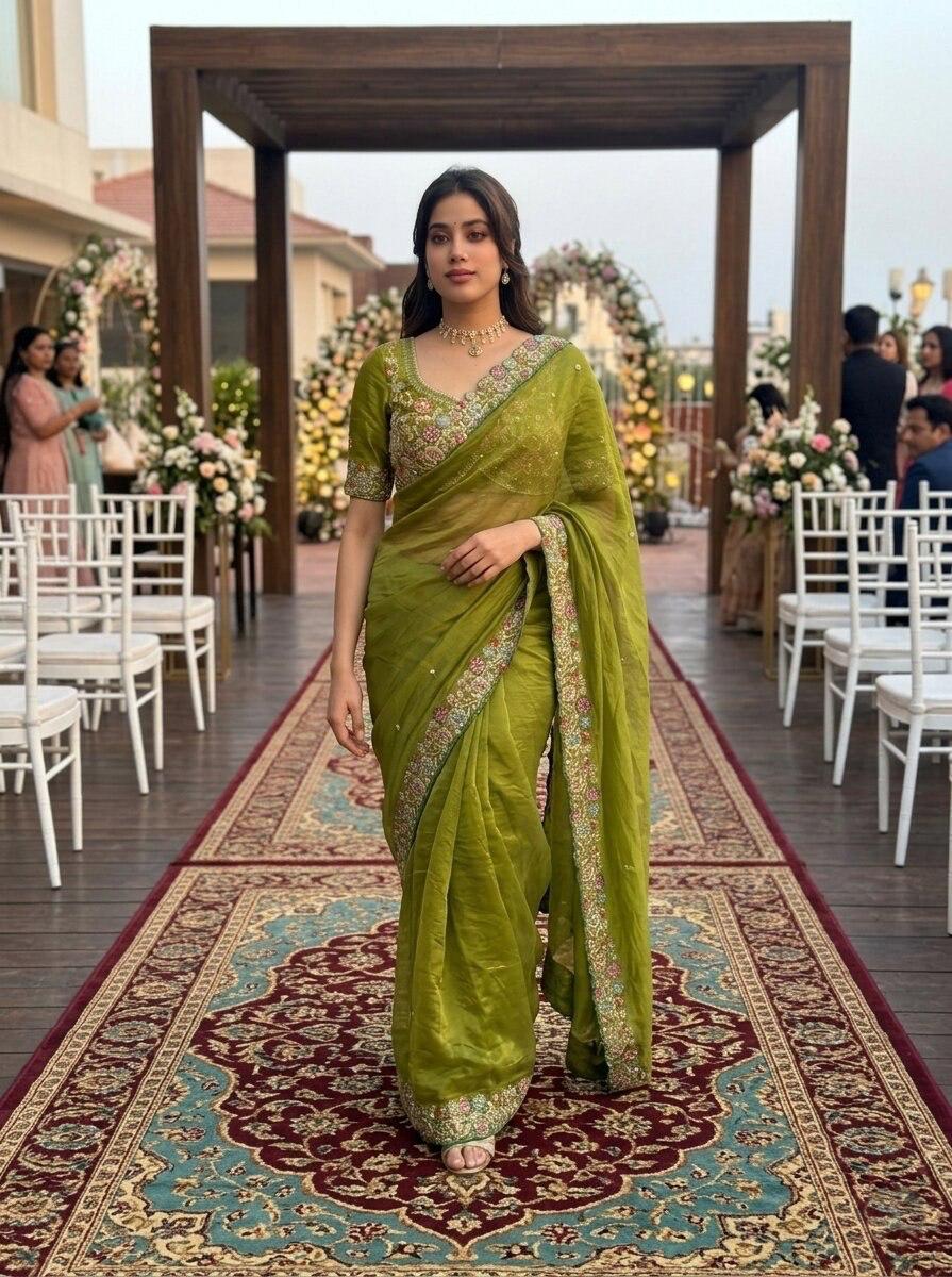 Party-wear Fendy Satin Silk Embroidery Butta Cutwork Border Saree