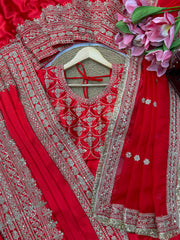 Red Bridal Special Japan Satin Thread & Coding Sequence Work Saree With Dupatta