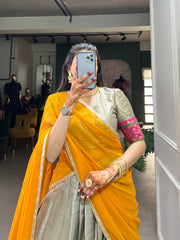 Beautiful Kanjivaram Jacquard Silk Weaving With Ikkat Work Lehenga Choli