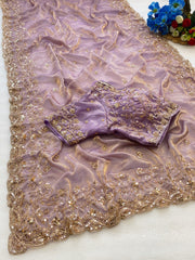 Beautiful Space Silk With Beautiful Original Golden Beads Work Saree With Stitched Blouse