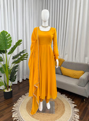 Beautiful Georgette Handwork Yellow Gown