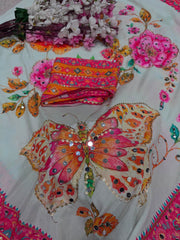 Beautiful Chinon Digital Printed With Real Mirror Work Saree