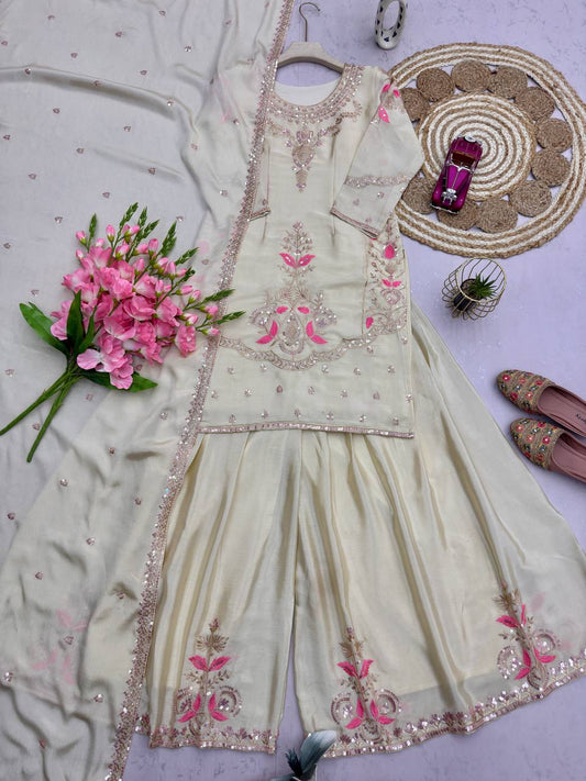 Party-wear Chinon Silk Embroidery Thread Sequence Work Sharara