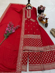 Elegant Red Festive Kurta Sharara Set with Designer Dupatta
