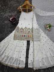 Beautiful Designer White Georgette Thread With Sequence Work Sharara