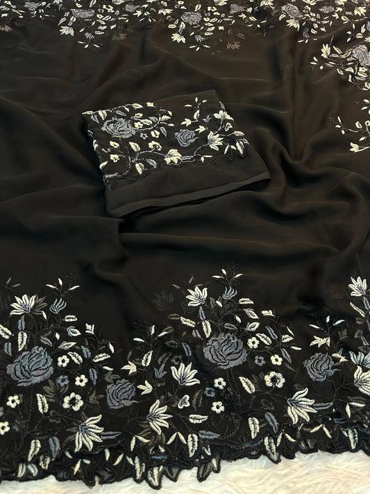 Elegant Georgette Embroidery Work Saree