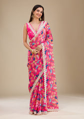 Beautiful Premium Georgette Digital Printed Embroidery Codding Sequence Work Saree