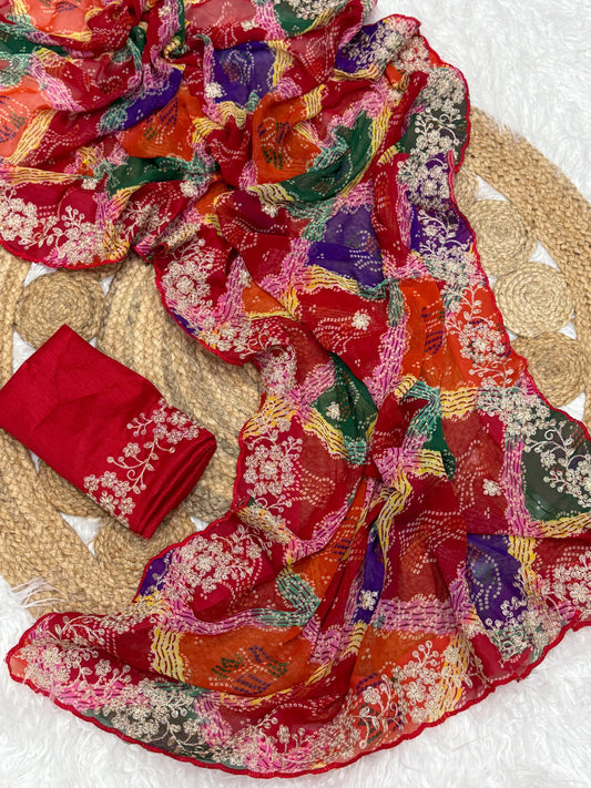 Beautiful Georgette Bandhej Printed Chendri Saree