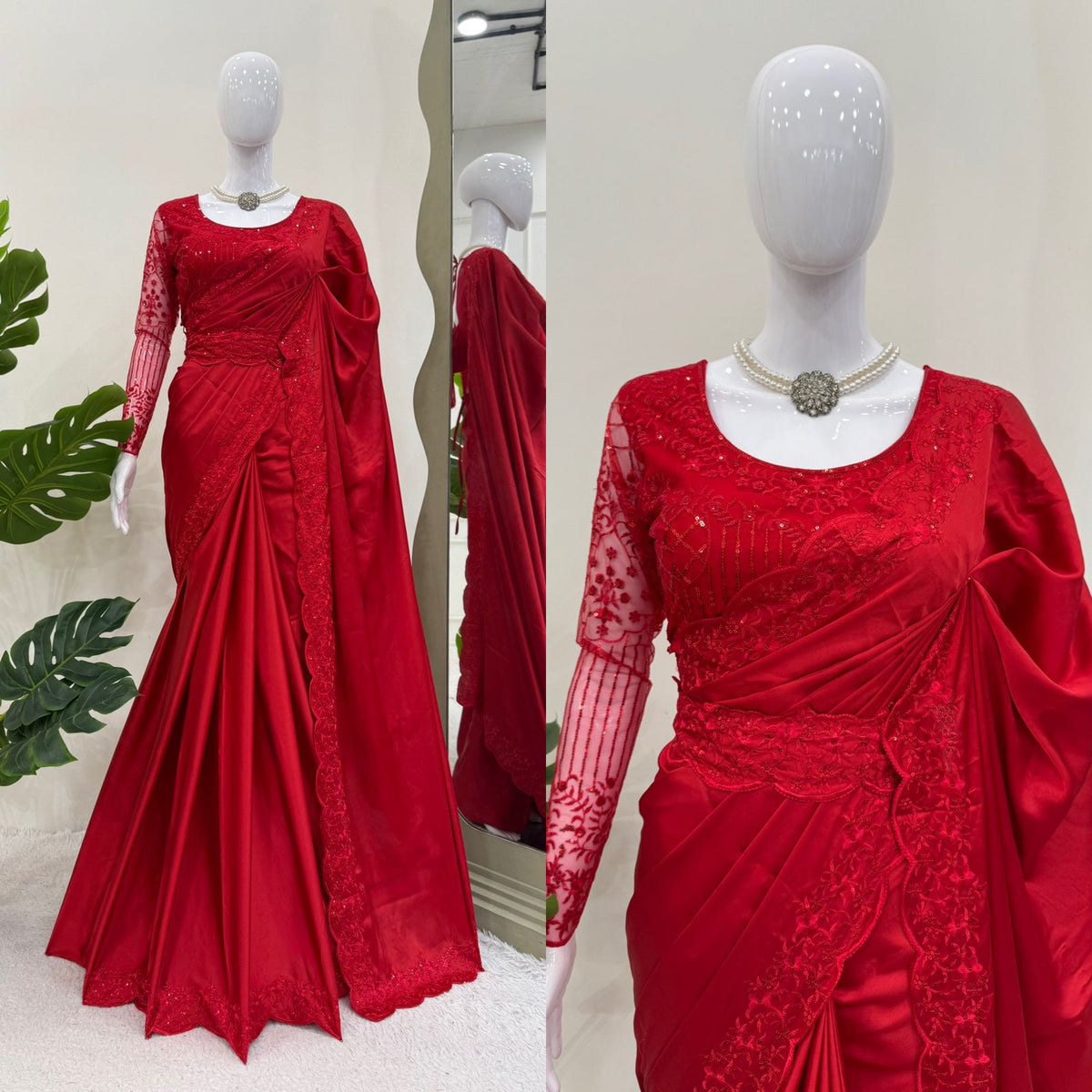 Beautiful Party-wear Satin Silk Thread With Sequence Work Saree