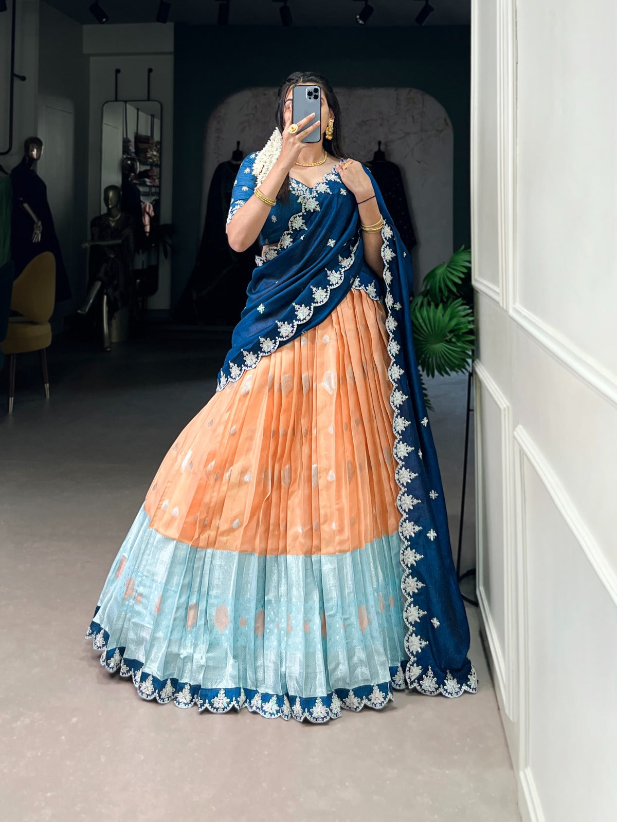 Beautiful Zari Kota Sequence & Thread Embroidery With Zari Weaving Half Saree