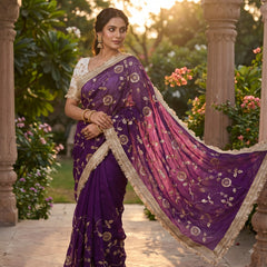 Designer Pure Space Silk Gold Beeds Work Saree