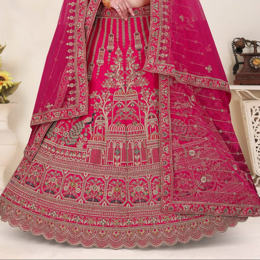 Trending  Premium Silk With Zarkan Diamond & Embroidery Work Pink Bridal Lehenga