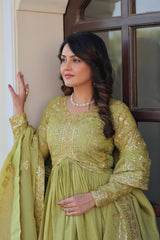 Viral Trending Gold-Crush Fabric With Sequence Multi Embroidered Work Gown