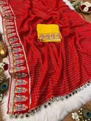 Beautiful Viscose Check With & Golden Zari Work Dulha & Dulhan Designer Saree