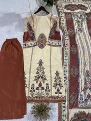 Beautiful Chinon Silk Mirror Work Printed Suit