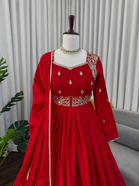 Royal Red Chinon Silk Coding Sequence With Real Mirror Work Gown