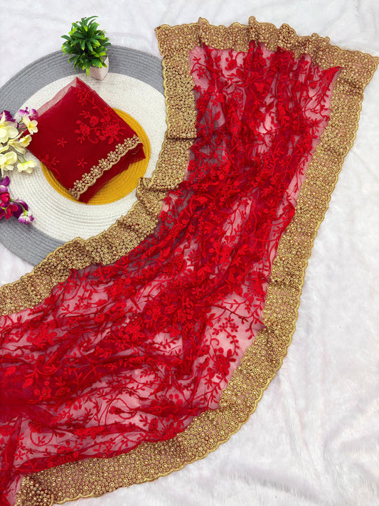 Beautiful Net Embroidery Designer Pearls Diamond Work Saree