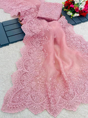 Party-wear Organza Silk Handcrafted Embroidery Work Saree