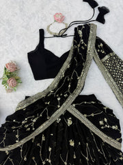 Trendy Black Georgette Thread Sequence Work Lehenga Saree