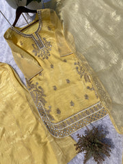 A Perfect Party-wear Designer Gold Crunchy Silk Real Mirror With Embroidery Work Sharara