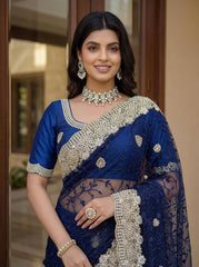Party-wear Net Embroidery With Pearls Diamond Work Saree