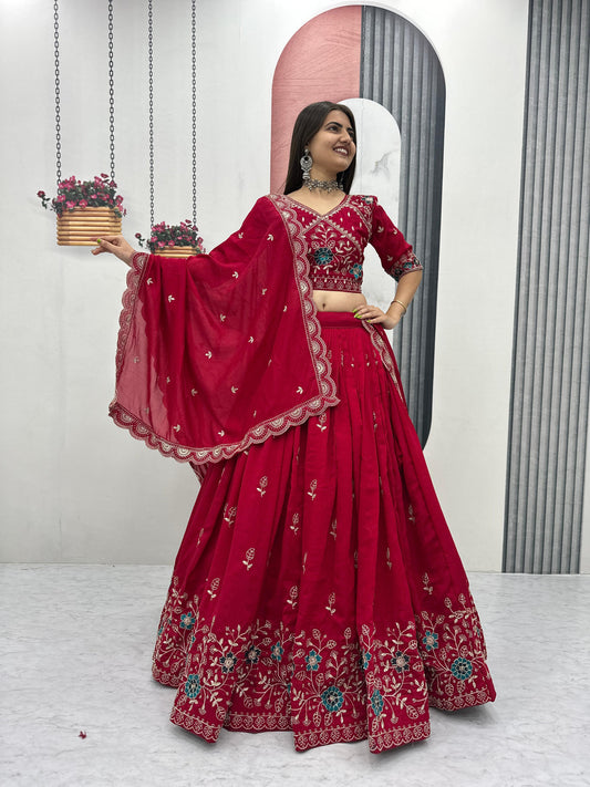 Festival Special Blooming Vichitra Silk Embroidery Thread Lehenga With Stitched Blouse