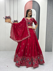 Festival Special Blooming Vichitra Silk Embroidery Thread Lehenga With Stitched Blouse